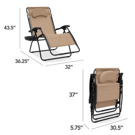 Best Choice Products Oversized Zero Gravity Chair, Folding Outdoor Patio Lounge Recliner w/Cup Holder Accessory Tray, Pillow - Tan