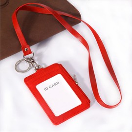 PU Leather ID Badge Holder with Side Zipper Pocket & Detachable with Key Ring Telescopic Buckle Lanyard Card Holder Wallet for Office School Supplies (Blue (Key Ring))