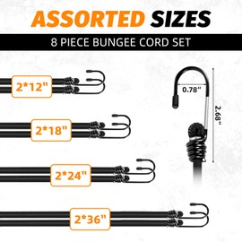 Heavy Duty Bungee Cords with Hooks, 8Pcs Multi-Size Bungee Cords (12/18/24/36Inch), 1/3Inch Thick, No Odour, Max Load 40kg for Camping, Luggage, Tents, Bikes (8, Black, Four Size)
