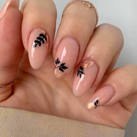 24Pcs Almond Short Press on Nails, Glossy Fake Nails French Tips Glue on Nail with Black Leaf Designs, Pink Artificial Acrylic False Nail for Women and Girls DIY Manicure Decoration