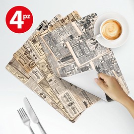 kina - TV0005 Set of 4 Placemats American Washable Scratch-Resistant Linen Effect Reusable - Not Dishwasher Safe - Design Newspapers Measure 45 x 32 cm