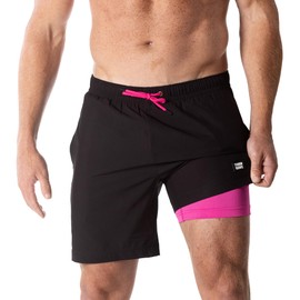 Third Wave Swim Trunks with Compression Liner - Men's Premium 7 Inch Inseam Quick Dry Swim Shorts for Beach and Swimming (Black 7C L)