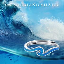MOPOPOK Waves Rings for Women 925 Sterling Silver Adjustable Opal Waves Rings Nature Ocean Jewelry Gifts for Mom Her Wife Birthday Anniversary Christmas Mother's Day (Blue, 8)