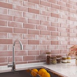 LaCheery 12"x12" Pink Subway Tile Peel and Stick Backsplash for Bathroom Backsplash Tiles Peel and Stick on Backsplash for Kitchen Wall Tile Waterproof Sticker Backsplash Kitchen Self Adhesive 4 Tiles