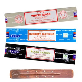 Satya Nag Champa Black Champa, Buddhas Blessings and White Sage Incense Sticks | x3 pack | with SAMASIA incense sticks holder | Burn for Blessings