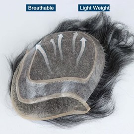 HAPPY&CC Hair Replacement System for Men Fine Mono with Poly PU Men's Toupee Wigs Human Hair 50% 1B OFF Black with 50% Synthetic Grey White Hair Toupee 10x8 Inch