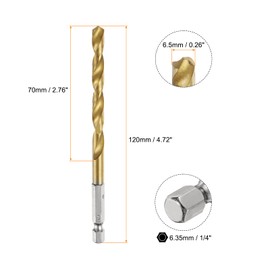 sourcing map 6pcs 1/4" Hex Shank Twist Drill Bits 6.5mm Titanium Coated High Speed Steel Quick Change Hex Drilling Bit Jobber Drill Bits for Wood Plastic Metal, Gold