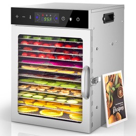 HOPERAN Food Dehydrator Machine with 12 Stainless Steel Trays – Digital Timer & Adjustable Temp Control for Jerky, Herbs, Fruits | Overheat Protection, BPA-Free, Includes Recipe Book