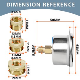 Innfeeltech 1-Pcs 40 mm Flange Panel Mount Pressure Gauge BSP 1/8 Inch 0-7 Bar 0 ~ 100 Psi with 3-Piece Socket 1/8 Inch to 1/4 Inch, 1/8 Inch to 3/8 Inch and 1/8 Inch to 1/2 Inch Axial