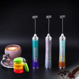 Rechargeable Milk Frother Handheld For Coffee,3 Speeds Frother Wand With Stand, Batidora De Mano Electrica,Coffee Frother With 2 Heads,Drink Mixer Electric Handheld,Kitchen Essentials (Colorful 3)