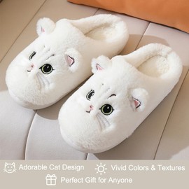 LAVAU Cute Cat Slippers for Women, Fuzzy Fluffy Faux Fur Animal House Slides for Indoor and Outdoor Shoes MT06-MM-bai-42 White