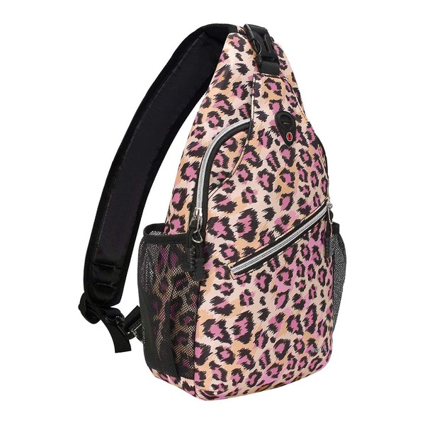 MOSISO Sling Backpack,Travel Hiking Daypack Leopard Print Rope Crossbody Bag, Pink, Medium