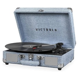 Victrola Vintage 3-Speed Bluetooth Portable Suitcase Record Player with Built-in Speakers | Upgraded Turntable Audio Sound| Includes Extra Stylus | Light Denim Blue Linen