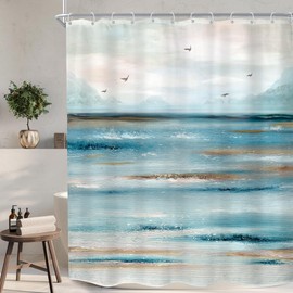 KOMLLEX Abstract Teal Beach Shower Curtain for Bathroom Decor 60Wx72H Ocean Oil Painting Sea Wave Seagull Mountain Nature Landscape Summer Hawaii Scenery Fabric Waterproof Polyester 12 Pack Hooks