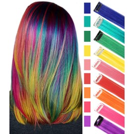 FAIRY COLOR 9PCS Girls Hair Accessories Party Highlights Colorful Clip in Synthetic Hair Extensions，Straight Long Hairpiece (Rainbow Color)