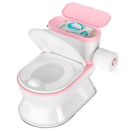 CheerTry 2-in-1 Toddler Potty Training Toilet - Larger Potty Chair & Detachable Training Seat for Boys & Girls Ages 1-3 with Flushing Sound, Wipes Storage, Toilet Paper Holder - Pink
