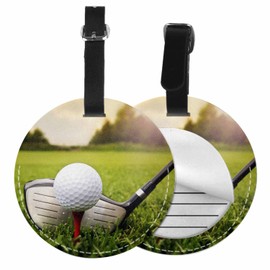 TKS MITLAN Golf Club and Ball Luggage Tag for Suitcases Women Green Grass Sports Training Golf Player PU Leather Bag Travel Suitcase ID Identifier Round Baggage Tags (1 Pack)