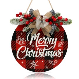 CHDITB Sign Christmas for Door, Merry Christmas Wall Decor, Rustic Wood Plaid Wreath Christmas Decor, Wooden Round Yard Sign Farmhouse Christmas House Door Sign Holiday Decor