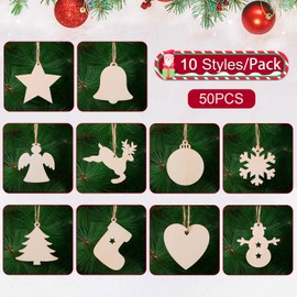 50 PCS Wooden Christmas Decorations Tree Hanging Ornaments with 50 PCS Twines,Wood Tags Ornaments Snowflake Star Sock Snowman Pendants for Christmas Tree Hanging Decor & Art Crafts DIY Gift (Colour 3)