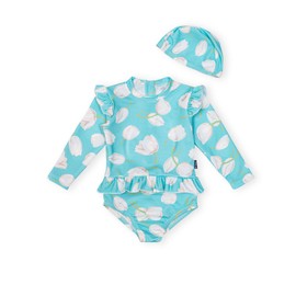 EZ Moms Baby Swimsuit Girl UPF 50+ One Piece Zipper Infant Swimsuit Girl Long-Sleeve Toddler Girls Bathing Suit Ruffle Butterfly Sleeve Baby Beach Swimwear Sunsuit with a Swim Cap (Tulips, 0-6M)