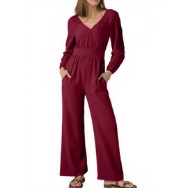 Dokotoo Womens Casual Loose Overalls One Piece Long Sleeve Jumpsuits for Women 2025 Stretchy V Neck Wide Leg Pant Rompers Outfits Formal Jumpsuit with Pockets Small Red