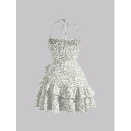 Floerns Women's Floral Print Sleeveless Halter Tie Back Layered Hem Cami Mini Dress Green Large