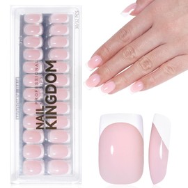 DMQ French Press on Nails Short, 32Pcs Square White Tip French False Nails, Nude Pink French Fake Nails, Full Cover Stick on Nails with Glue for Girls French Nail Art Manicure Decorations