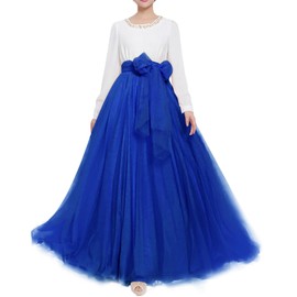 Women Wedding Long Maxi Puffy Tulle Skirt Floor Length A Line with Bowknot Belt High Waisted for Wedding Party Evening(Royal Blue,L-XL)
