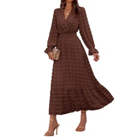 BTFBM Women Fall Maxi Dresses 2025 Long Sleeve V Neck Swiss Dots High Waisted A-Line Ruffle Boho Long Dress Vacation(Coffee,X-Large)