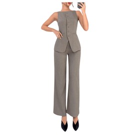 SOLY HUX Women's 2 Piece Business Casual Outfit Button Down Boat Neck Sleeveless Vest and Pants Set Khaki X-Small