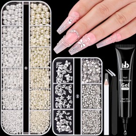 2 Boxes Flatback Pearls (White+Beige) and Glass Rhinestones (Clear) with Rhinestones Glue Gel for Acrylic Nail Tips Manicure Decor