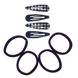 Topkids Accessories 8pc Shool Hair Accessories Set, Gingham Pattern and Plain Snap Hair Clips Sleepies with Hair Elastic Bands, Girls School Uniform Colours (Navy Blue)