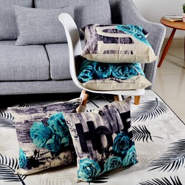 Teal Throw Pillow Covers 18x18 Set of 4, Turquoise Pillows Decorative for Couch Sofa, Linen Cotton Square Dark Blue Rose Flower Pillowcase, Black and White Grey Cushion Bedroom Living Room Home Decor