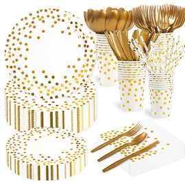 400PCS White and Gold Party Supplies -Disposable Dinnerware Set Includes Paper Plates Napkins Cups Straws Forks Knives and Spoons for Engagement Graduation Birthday Party Decorations, Serve 50