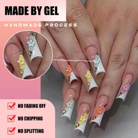 Ohhmisis Long Press on Nails French, Rhinestone Fake Nails with Nail Glue, 3D Flower False Nails Glue on Nails for Women 24 Pcs