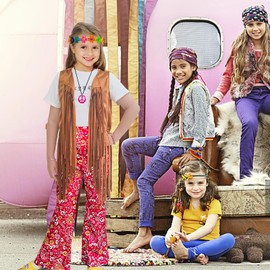 XonyiCos 8 Pcs Girls Kids 60s 70s Hippie Costume Disco Outfits Fringe Vest Boho Bell Bottoms Hippie Outfits Accessories Set (Brown, 7-8 Years)