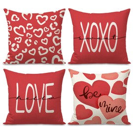 FUYUCHEN Valentines Day Pillow Covers 18x18 inch Set of 4 for Valentines Day Decor Heart Love Here XOXO Sweet Valentine Throw Pillows Covers Decorative Cushion Cases Sofa Couch Valentine Decorations