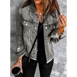 EVALESS Women's Vintage Ripped Distressed Denim Jean Jacket Coats 2025 Trendy Fall Spring Casual Long Sleeve Button Down Denim Outwear with Pockets,Gray XX-Large