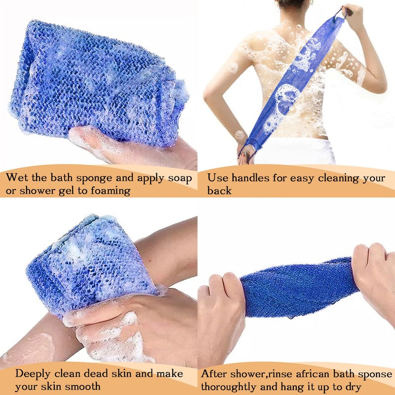Pinkiou 3 Pieces Shower Sponge with Handle, African Exfoliating Net