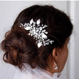 Easedaily Crystal Bride Wedding Hair Comb Silver Leaf Bridal Hair Piece Pearl Hair Accessories for Women and Girls