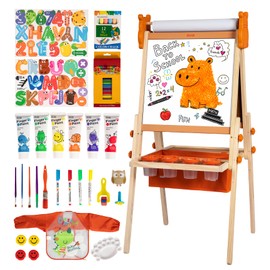 DJAR Adjustable Kids Art Easel with Paper Roll & Magnetic Whiteboard, Hippo