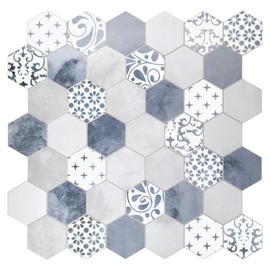 The Tiles Plaza 10-Sheet Peel and Stick Backsplash, Blue Cement Hexagon Stone Composite Marble Looks Self Adhesive Wall Tile, Stick On Tiles for Kitchen Bathroom Shower, Cover 9 Sq Ft.