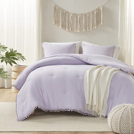 Codi Lavender Purple Boho King Bedding Set, Aesthetic Luxurious Pom Fringe Design Comforter, Cute Soft Washed Microfiber Bed Sets, Lightweight Chic 3pcs,1 Comforter & 2 Pillowcases (104x90 Inches)