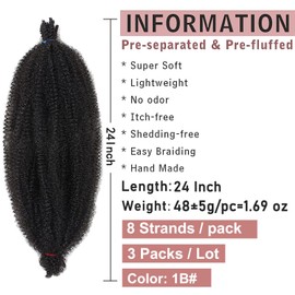 Xtrend 3 Packs 24 Inch Soft Springy Afro Twist Hair Pre-Separated Spring Twist Hair for Faux Locs Natural Black Marley Twist Crochet Braiding Hair Synthetic Hair Extensions for Black Women 1B#