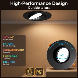 Lightdot 12 Pack 6 Inch LED Gimbal Recessed Lighting, 360°+90° Adjustable, 3CCT Selectable & Dimmable (5%-100%), 1300LM Ultra Bright Canless Downlight, ETL/FCC Certified for Living Room/Kitchen-Black