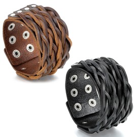JewelryWe Lot of 2 Men Women Punk Adjustable Wide Leather Wristband Cuff Wrap Bracelet Bangles, Fits 7.3"- 8.7" Wrist