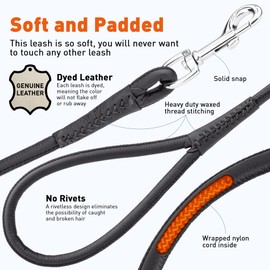 Dogline Rolled Leather Dog Leash - for Small, Medium and Large Breeds - Soft and Padded Lead Luxury Design - Black - 1/4in W x 6ft L