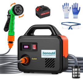 Bonoutil 21V Battery Powered Water Pump 240GPH Cordless Water Transfer Pump Battery Operated with Garden Hose Nozzle 7 Spray Modes for Watering Car Washing Tub Fish Tank Inflatable Pool (Black)