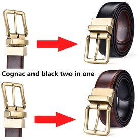 Beltox Men’s Belts Reversible Leather 1.25” Wide 1 for 2 Rotate Buckle Gift Box（Antique Gold Buckle with Black/Cognac Belt,34-36）