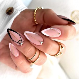 24Pcs French Press on Nails Almond Medium Glossy Full Cover Acrylic False Nails with Gold Line Designs Artificial Natural Fake Nails with Glue Stick on Nails for Women Girls
